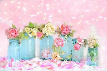 â•­â™¥â•¯Sweetest Vintageâ•­â™¥â•¯ - jars, lovely, chic, love four seasons, pretty, floral, pink, vintage, petals, beautiful, sweet, beloved valentines, flowers