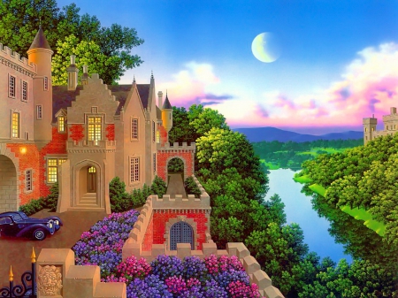 Castle - summer, beautiful, moonlight, river, view, painting, serenity, peaceful, art, sun, castle, sky