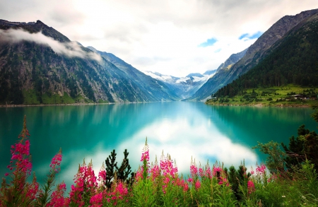 Lovely lake view - pretty, hills, beautiful, landscape, grass, lovely, mountain, flowers, shore, view, lake, emerald, sky