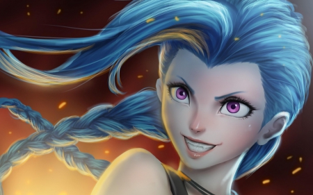 Jinx - pink, game, jinx, girl, blue, art, fantasy, amethyst eyes, league of legends