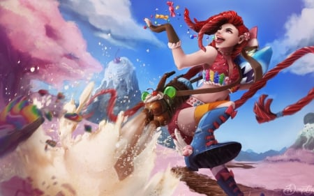 Jinx - game, league of legends, blue, girl, pink, Jinx, fantasy, riot, art, candy