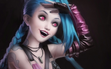 Jinx - game, amethyst eyes, league of legends, blue, girl, pink, black, fantasy, art