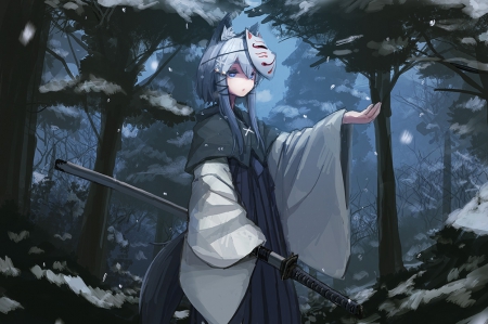 Anime Girl - White Hair, Fox, Anime Girl, Short, Blue Eyes, Anime, Hair, White, Original, Short Hair, Wallpaper, Mask, Sword