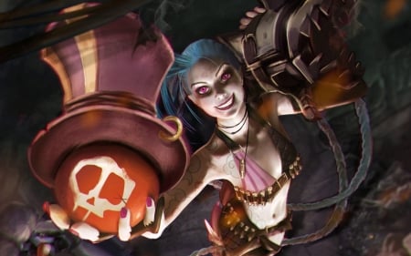 Jinx - hat, game, amethyst eyes, league of legends, blue, girl, pumpkin, orange, Jinx, fantasy, halloween, art