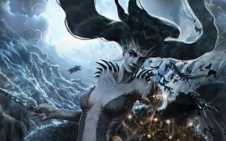 Fantasy girl - fantasy, black, game, girl, outcast odyssey, blue, art, horns