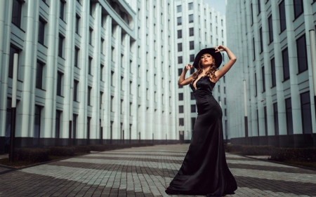 Elegance - elegance, black, model, buildings, girl, dress, blue, hat, city, woman