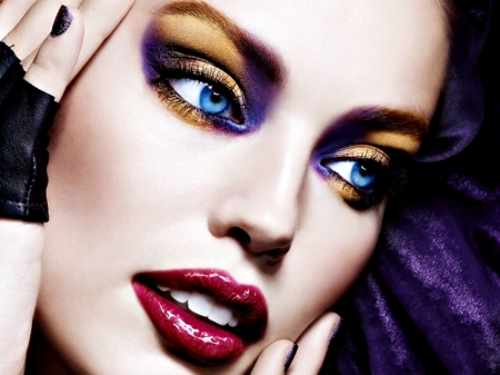 Emily Didonato - face, red, make-up, purple, beauty, model, yellow, girl, eyes, blue, emily didonato, woman, femeie