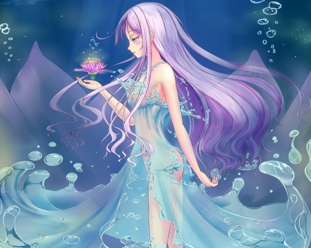 Life Water - pretty, anime, magic, female, blossom, long hair, nice, purple hair, anime girl, water, beautiful, hot, girl, beauty, lovely, sweet, flower, bubble, fantasy, underwater, aqua hair, floral, sexy