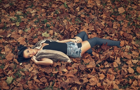 Autumn Woman - brunette, woman, leaves, autumn