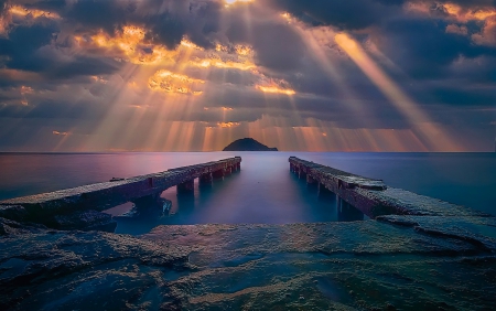 Dawn - sunbeams, sky, sun rays, tranquility, beautiful, old dock, dawn, clouds, island, sea, sunrise