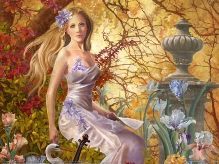 Beautiful Girl in the Garden - pretty, warm, flowers, gorgeous, garden, fantatic, charm, mellow, girl, beauty, nature, lady, enchanting, awesome, ambiance, painting, wallpaper, softness