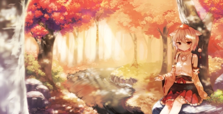 ~Inubashiri Momiji~ - anime, water, touhou, autumn, animal ears, inubashiri momiji, forest