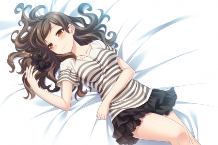 ~Kitazawa Shiho~ - orange eyes, blush, idolmaster million live, brown hair, anime, long hair, skirt, kitazawa shiho, idolmaster, bed