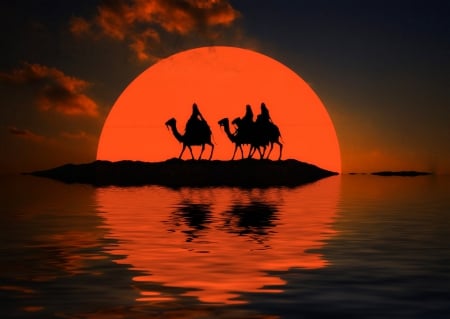 â™¥ - camels, silhouette, sunset, sun