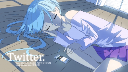 Twitter - vocaloid, anime, blue hair, hatsune miku, asleep, blue eyes