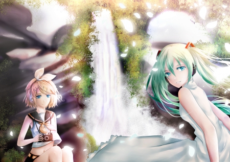 Let's Take a Picture! - summer, waterfall, kagamine rin, vocaloid, anime, camera, petals, friends, hatsune miku