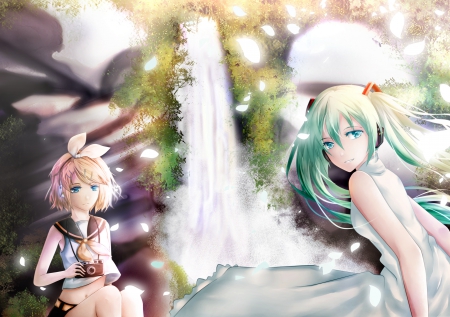 Let's Take a Picture! - anime, vocaloid, camera, summer, hatsune miku, petals, kagamine rin, waterfall, friends