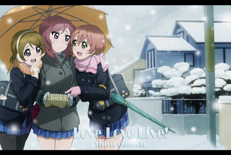 Love Love Live! Third Edition - anime, winter, koizumi hanayo, snow, food, hoshizora rin, love live school idol project, friends, nishikino maki, earmuffs, umbrellas