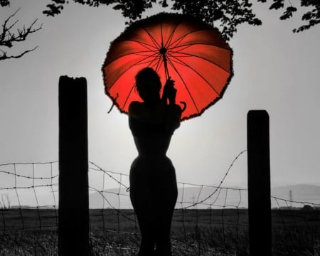 Red Umbrella - woman, umbrella, red, shadow