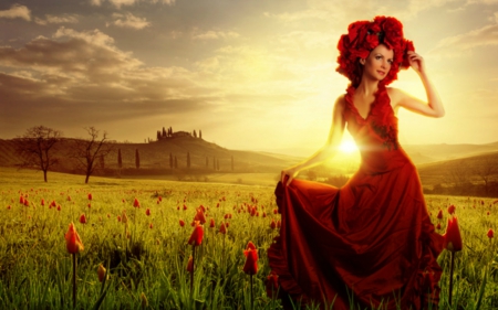 Lady in Red - flowers, field, sky, woman