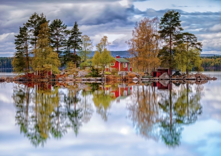 Reflection - forest, water, amazing, lake, sky, houses, reflection, clouds, house, trees, nature