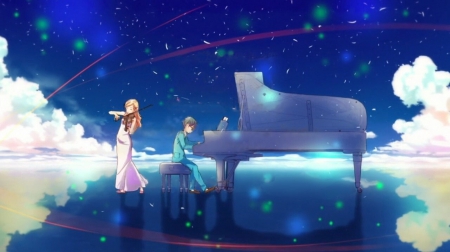 Hikaru Nara - pretty, anime, kaori, female, romantic, scene, guy, romance, miyazono, boy, male, kousei, music, melody, instruments, miyazono kaori, nice, piano, anime couple, anime girl, arima, beautiful, violin, girl, beauty, lovely, sweet, school uniform, musician, couple, kaori miyazono