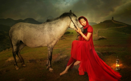 Lady in Red - red, horse, animal, woman