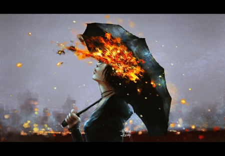 Slow Chemical - flame, woman, burning, dark, umbrella, chemical, dying, fire