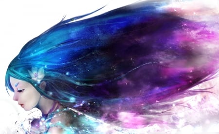 Beauty - zhang xiao bo, girl, original, wind, spring, white, art, purple, blue, anime, manga, flower