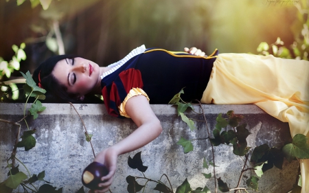 Snow White - apple, red, situation, black, model, yellow, girl, creative, fantasy, woman, snow white