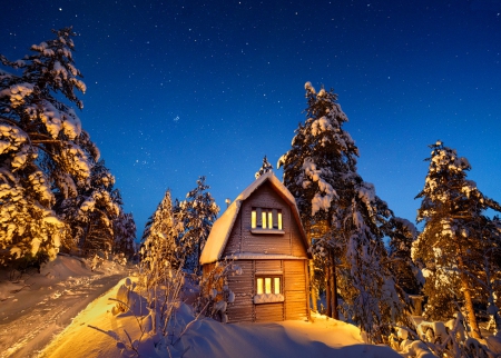 Winter evening - house, winter, beautiful, evening, snow, night, path, dtars, lights, dusk, sky