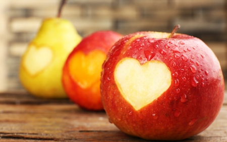 Apples - apple, red, pear, valentine, fruit, heart, yellow