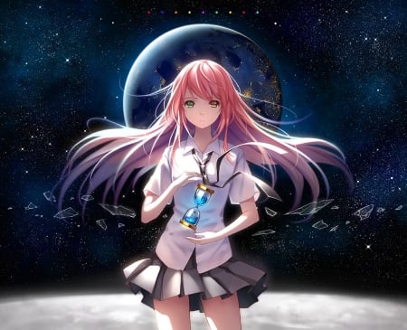 Revelation - nice, sky, female, hourglass, anime girl, black, pretty, anime, maiden, lady, skirt, girl, shirt, long hair, pink hair, space, lovely, cg, hd, star, sweet