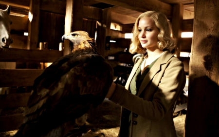 Serena (I) (2014) - Serena, bird, eagle, woman, movie, blonde, actress, Jennifer Lawrence