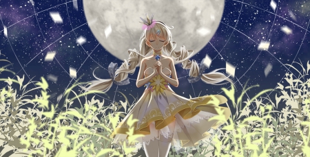 Prayer - nice, female, magic, blond, twintail, anime girl, blond hair, pretty, blonde hair, petals, anime, twin tail, moon, girl, twintails, long hair, bless, pray, gown, lovely, floral, twin tails, blossom, sweet, dress, blonde, flower