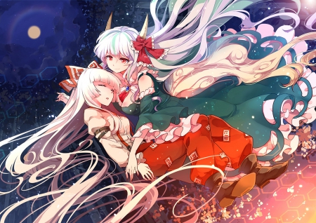 Touhou - Moon, Skirt, Red Eyes, Blonde Hair, Anime Girl, Dress, Anime, Horns, Long Hair, Touhou, Bow, Silver Hair, Wallpaper