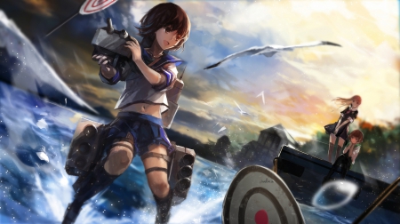 Kantai - Kantai Collection, Skirt, Anime Girl, Animal, Kancolle, Brown Hair, Bird, Anime, Long Hair, Water, Bow, Yuudachi, Seifuku, Kneehighs, Naval, Short Hair, Brown Eyes, Wallpaper, Fleet, Mutsuki, Fubuki