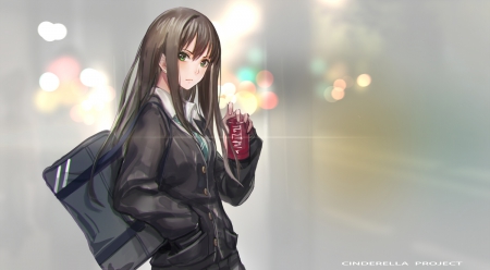 Idolm@ster - shibuya rin, drink, cinderella girls, idolmaster, long hair, wallpaper, anime girl, seifuku, brown hair, jacket, anime, idolmaster cinderella girls