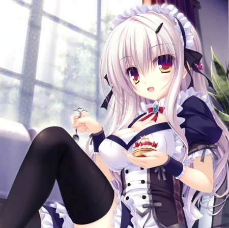 Cup Cake - pretty, anime, kawaii, female, food, dress, long hair, hd, nice, cake, silver hair, anime girl, cupcake, beautiful, hot, girl, beauty, lovely, maid, sweet, cg, cute, adorable, sexy