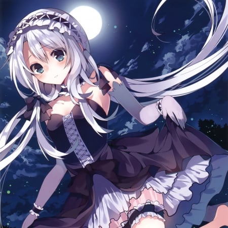 Dark Rose - pretty, anime, female, scene, dress, night, long hair, sublime, lolita, purple, hd, nice, loli, silver hair, moon, gown, anime girl, beautiful, girl, beauty, lovely, sweet, cg, angelic