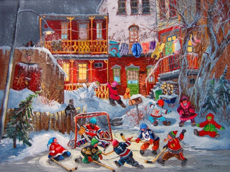 Playing hockey - fun, joy, winter, yard, kids, painting, art, hocjey, children, play, game, snow, beautiful, house