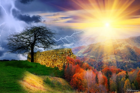 After the rain, the clear skies ... Or maybe the opposite? - stone wall, sunshine, trees, landscape, sunlight, sun, nature, clouds, seasons, lightning