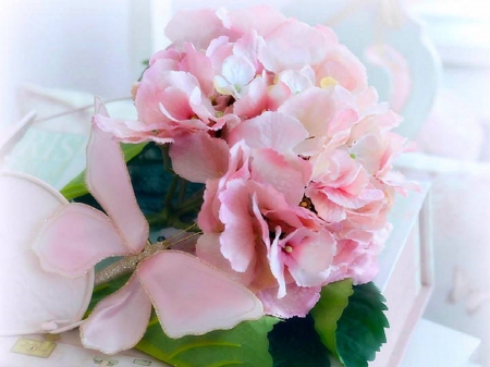 ╭♥╯Pastel Hydrangea╭♥╯ - pretty, roses, softness beauty, beautiful, colors, lovely, pink, sweet, flowers, butterfly designs, beloved valentines, vintage, love four seasons, pastel