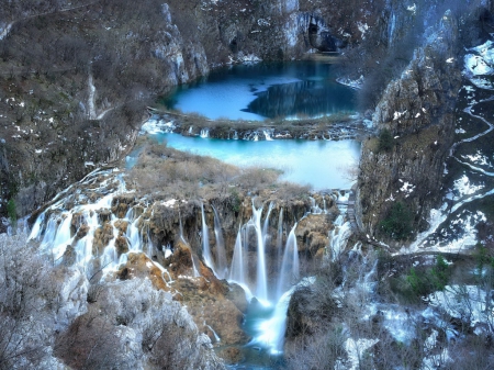 Winter Lake - lake, forest, rocks, winter, waterfalls, snow