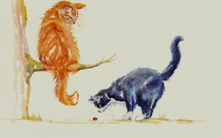 Cats - branch, ginger, orange, cat, black, animal, painting, couple, art