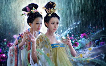 Hurt - yellow, blue, girl, hao6578300, fan bingbing, hurt, flower, pink, ice, fantasy, woman, garden, rain, couple, art, asian