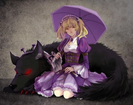 Sheri - anime, wolf, girl, pink, red eyes, manga, sheri, umbrella, animal, cistron, purple