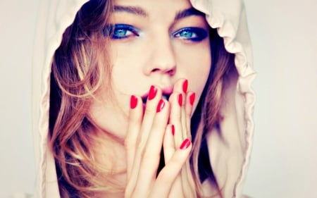 Sasha Pivovarova - Sasha Pivovarova, blue, hood, girl, eyes, white, red, woman, model