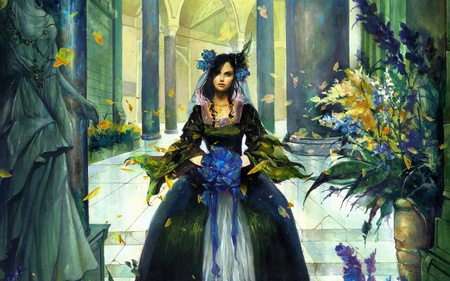 Falling Petals Mistress - art, petals, flowers, fantasy, dreamy