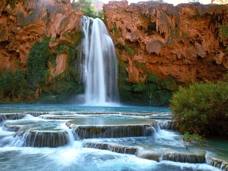 Havasu Falls Havasupai Indian Reservation Arizona - waterfalls, trees, water, waterfall, cliff, rocks, arozona, havasu fall